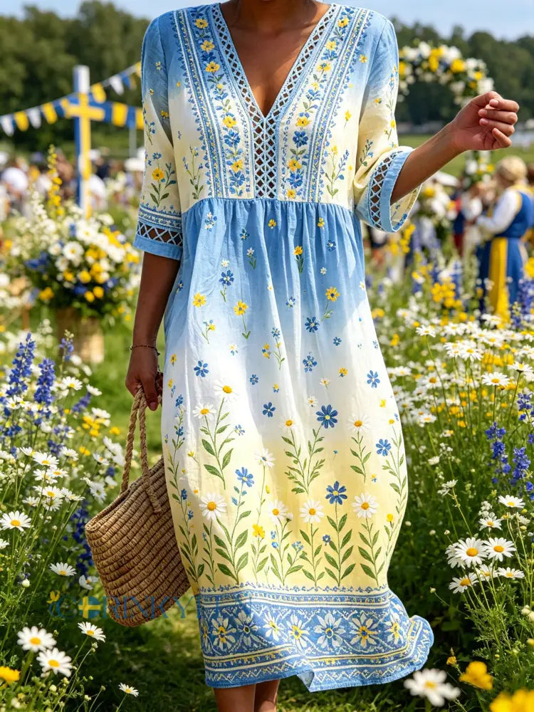 Dams midsummerklänning med blommönster och ombré-effekt samt V-ringning - A / S
