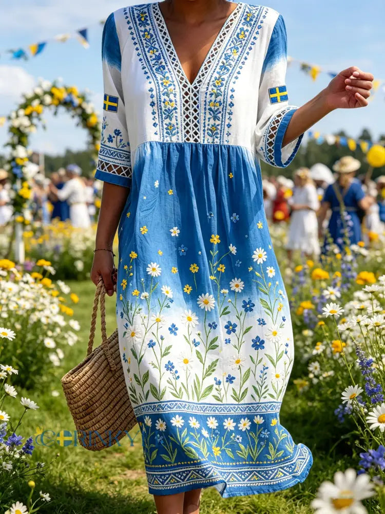 Dams midsummerklänning med blommönster och ombré-effekt samt V-ringning - A / S