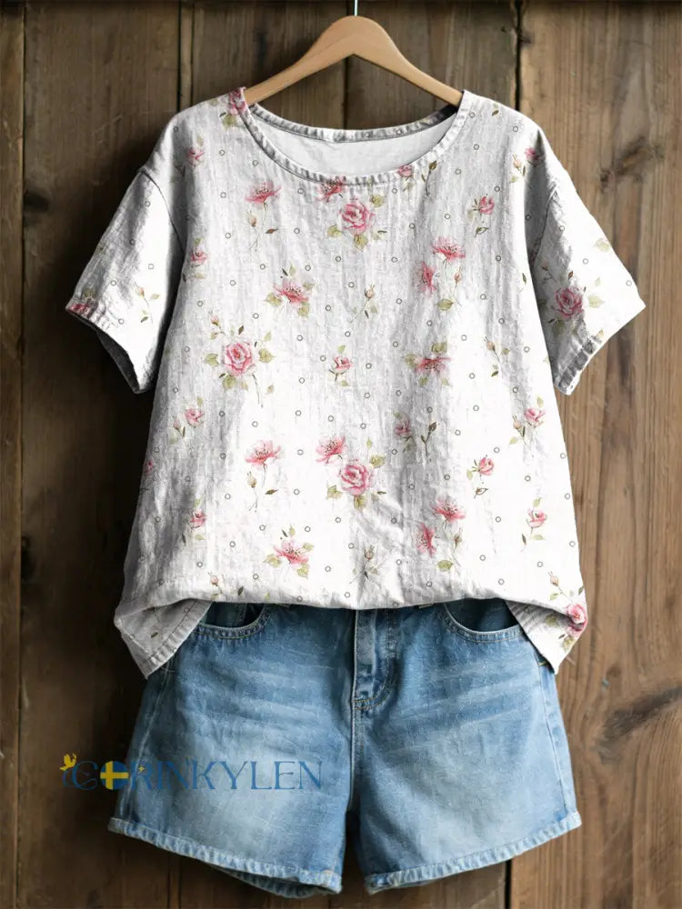 Dams ökande blommig tryckt casual t-shirt - som bild / S
