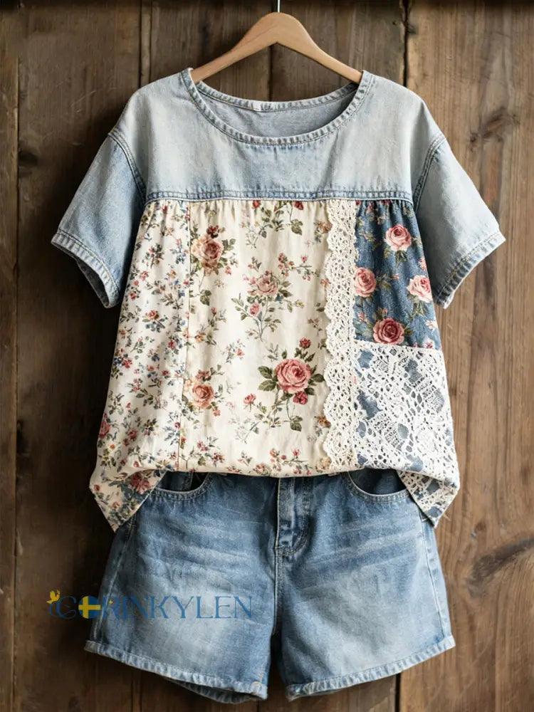 Dams öppen t-shirt med rosenprint - som bild / S