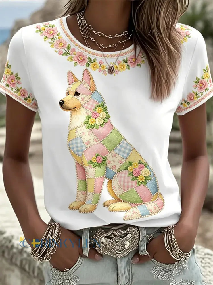 Dams örtblommig hundtryckt casual t-shirt - vitt / S