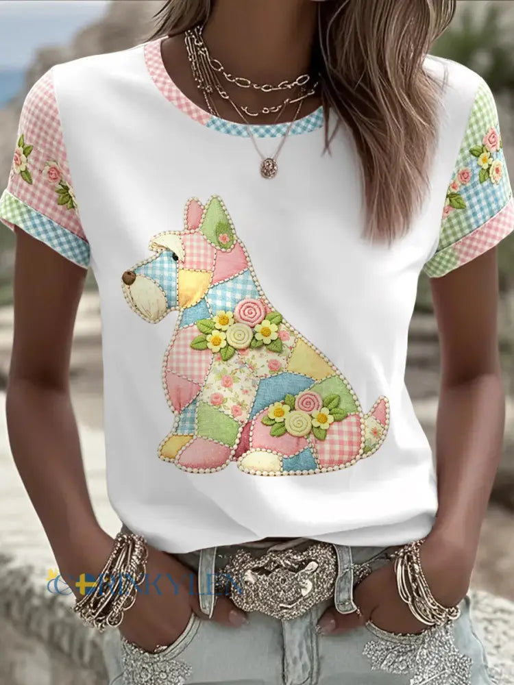 Dams örtblommig hundtryckt casual t-shirt - vitt / S