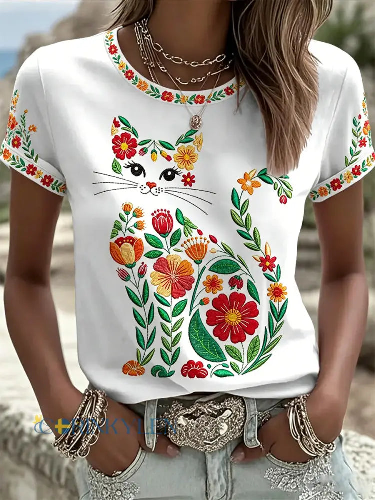 Dams örtblommig kattmönstrad casual t-shirt - vitt / S