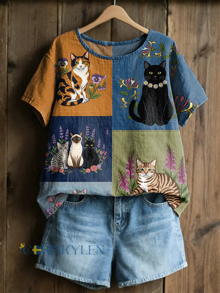 Dams retro blommig kattmönstrad casual t-shirt - blandad färg / S