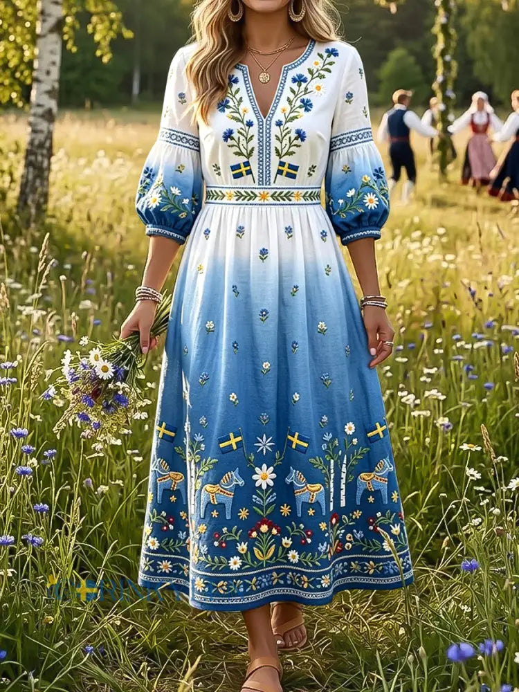 Dams Retro Midsommar Blommig Karusell Färgförändrande Konst V-Ärm Klänning - flerlog / S
