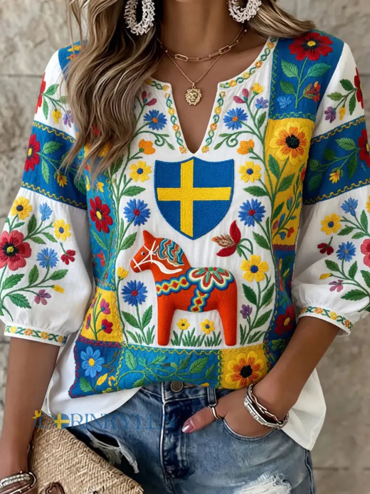 Dams Retro Svensk Dalahäst Blommig Broderi Konsttryck Avslappnad Topplåda - A / S