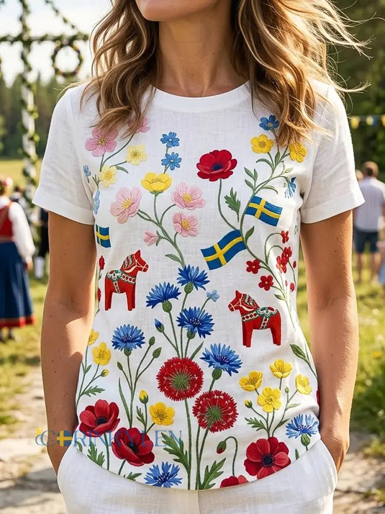 Dams retro svensk gungtupp midsommarblommig casual t-shirt - vitt / S