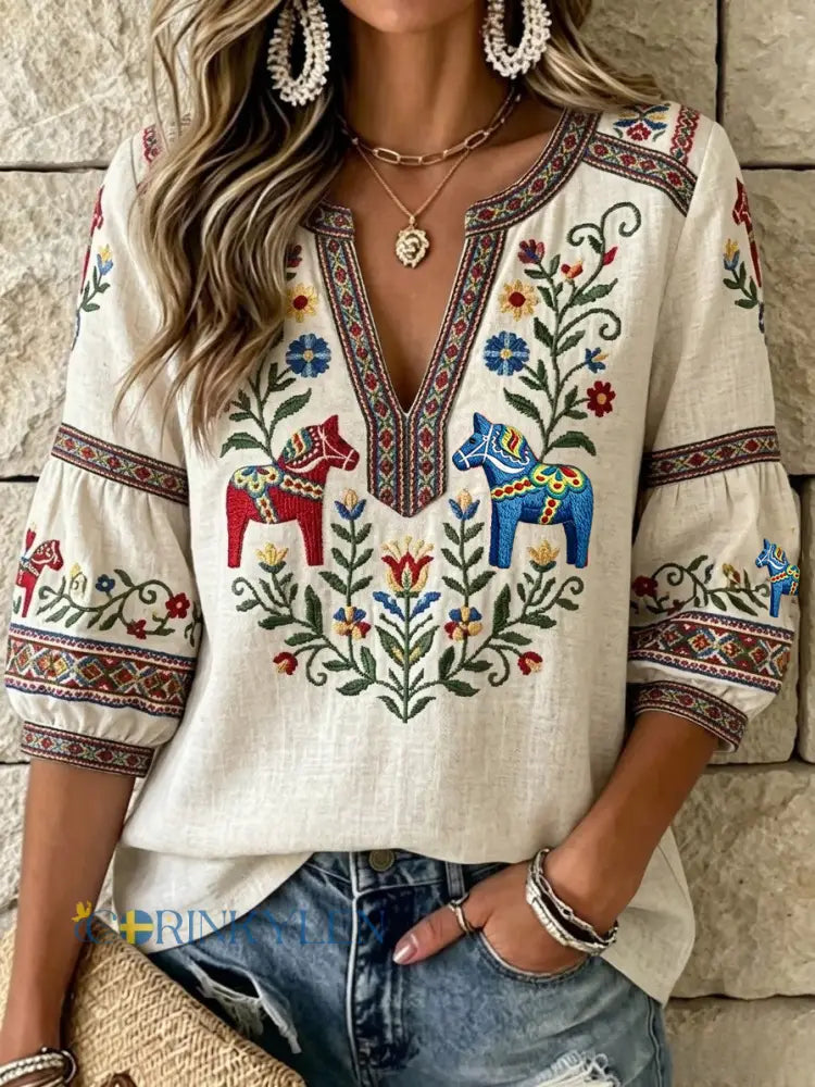 Dams Retro Svensk Midsommar Folkal Blus i Bomull-Linne - Aprikot / S