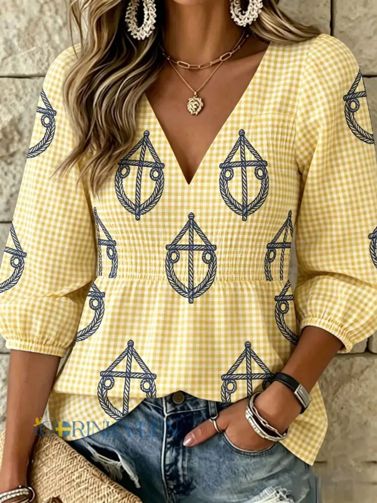 Dams Retro Svensk Midsommar Folkal Blus i Bomull-Linne - gul / S