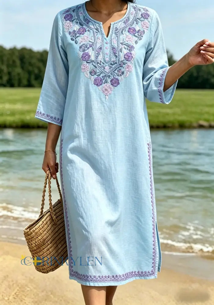 Dams retro svensk midsommarfolkstil blommig klänning i bomull-linne - ljusblåa / S