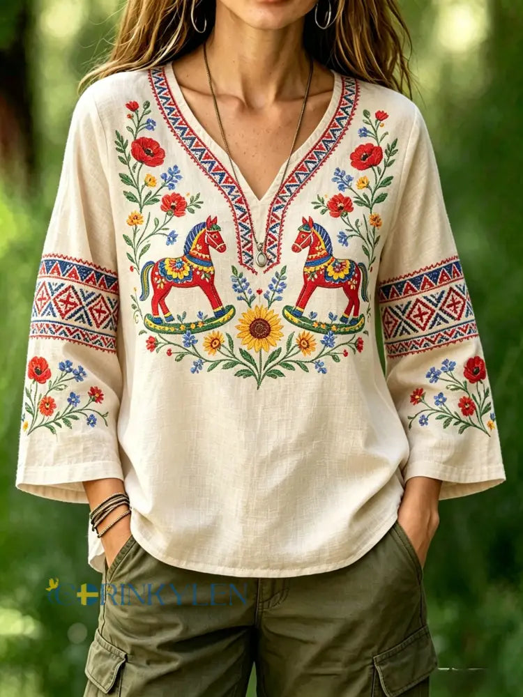Dams retro svensk midsommarfolkstil blus i bomull-linne med blommönster - bäie / S