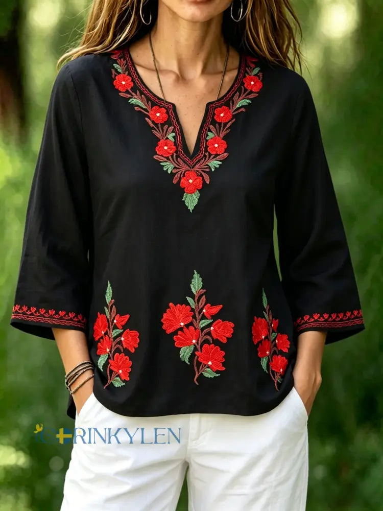 Dams retro svensk midsommarfolkstil blus i bomull-linne med blommönster - svart / S