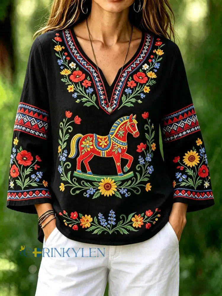 Dams retro svensk midsommarfolkstil blus i bomull-linne med blommönster - svart / S