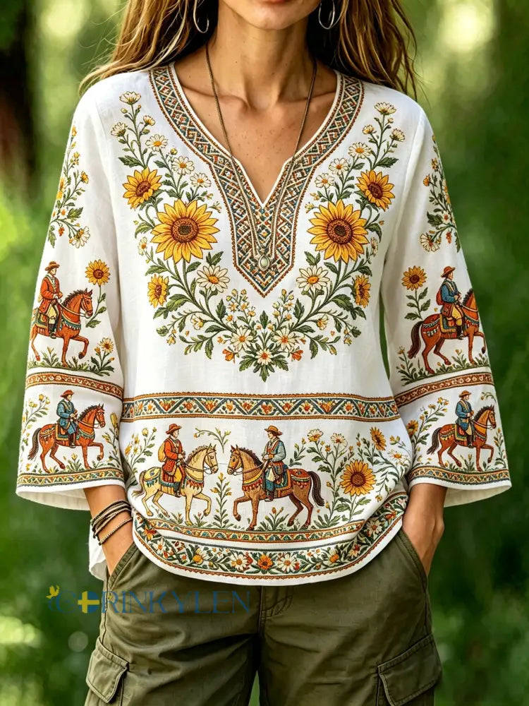 Dams retro svensk midsommarfolkstil blus i bomull-linne med blommönster - vitt / S