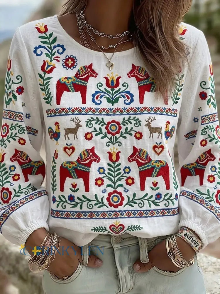 Dams retro svensk midsommarfolkstil blus i bomull-linne med blommönster - vitt / S