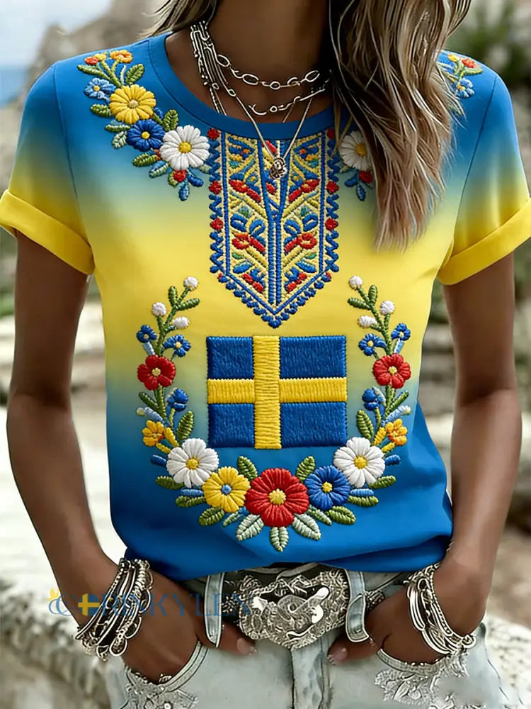 Dams retro svensk midsommarkonsttryck avslappnad t-shirt - A / S