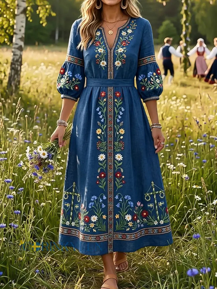 Dams Retro Svensk midsommarstång Blommigt konst V-ringning Klänning - flerlog / S