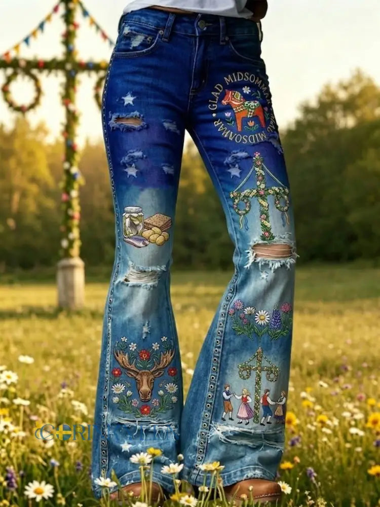 Dams retro svenska midsommarfolkloristiska utsvängda byxor med blommönster - blå / S