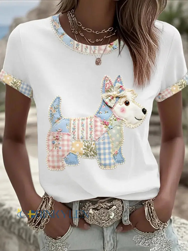 Dams söt blommig hundtryckt casual t-shirt - vitt / S
