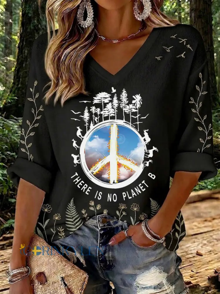 Dams T-shirt i vaffeltyg med tryck: There Is No Planet B - svart / S