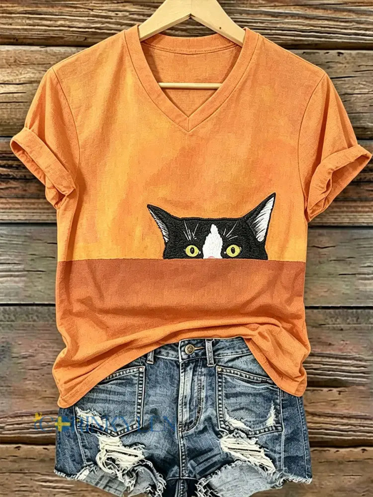 Dams T-shirt med kattkonsttryck avslappnad stil - som bild / S