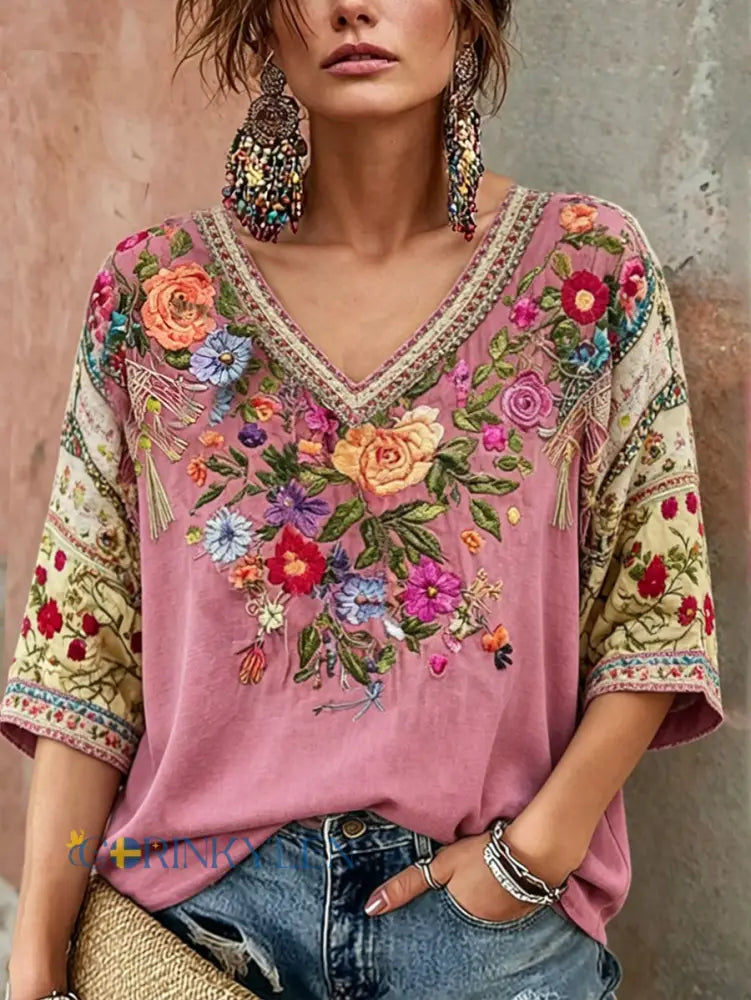Dams T-shirt med rosa blommiga motiv för bröstcancermedvetenhet - runk / S