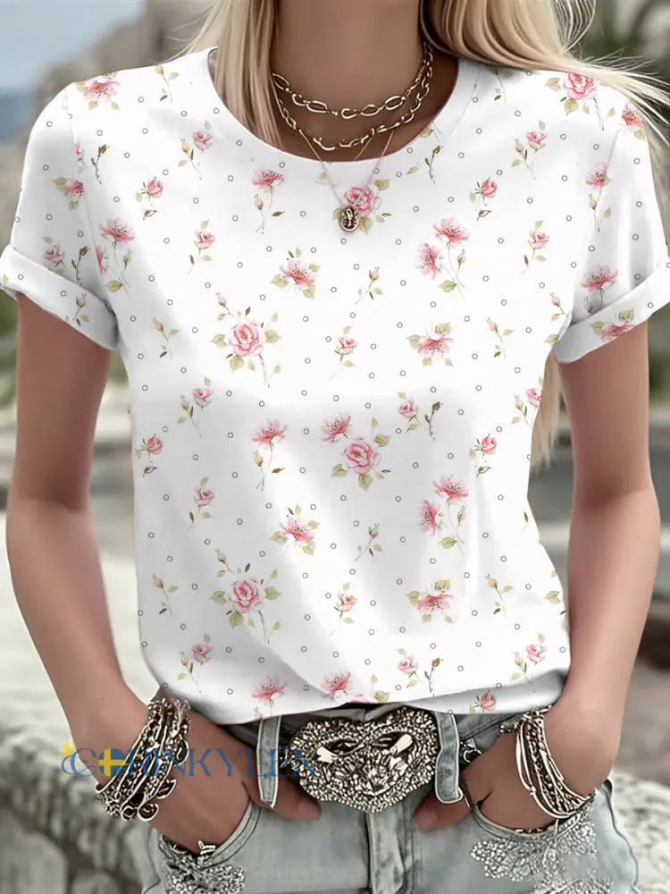 Dams T-shirt med rosa blommor - som bild / S