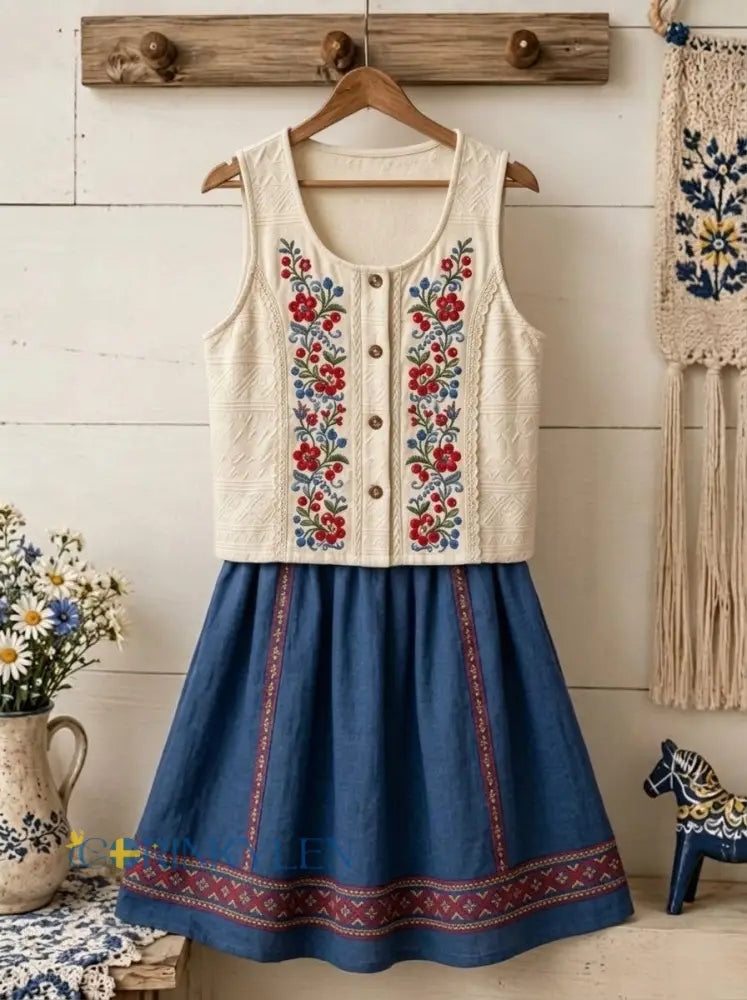Dams väst i retrostil med svensk midsommar- folk- och blommotiv