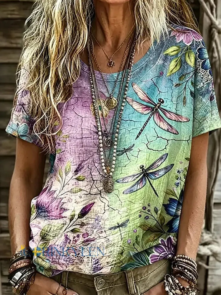 Dams vintage blommig konsttryckt casual topp i bomull-linne - A / S