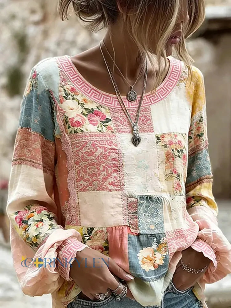 Dams vintage blommig konsttryckt casual topp i bomull-linne - A / S