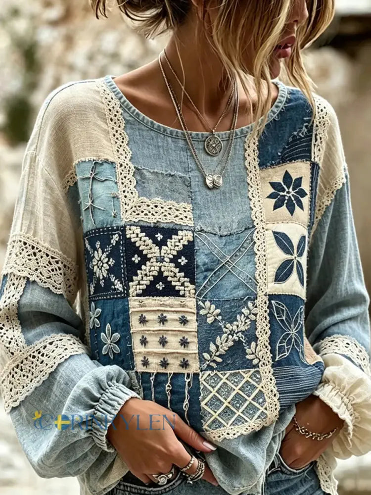 Dams vintage blommig konsttryckt casual topp i bomull-linne - A / S