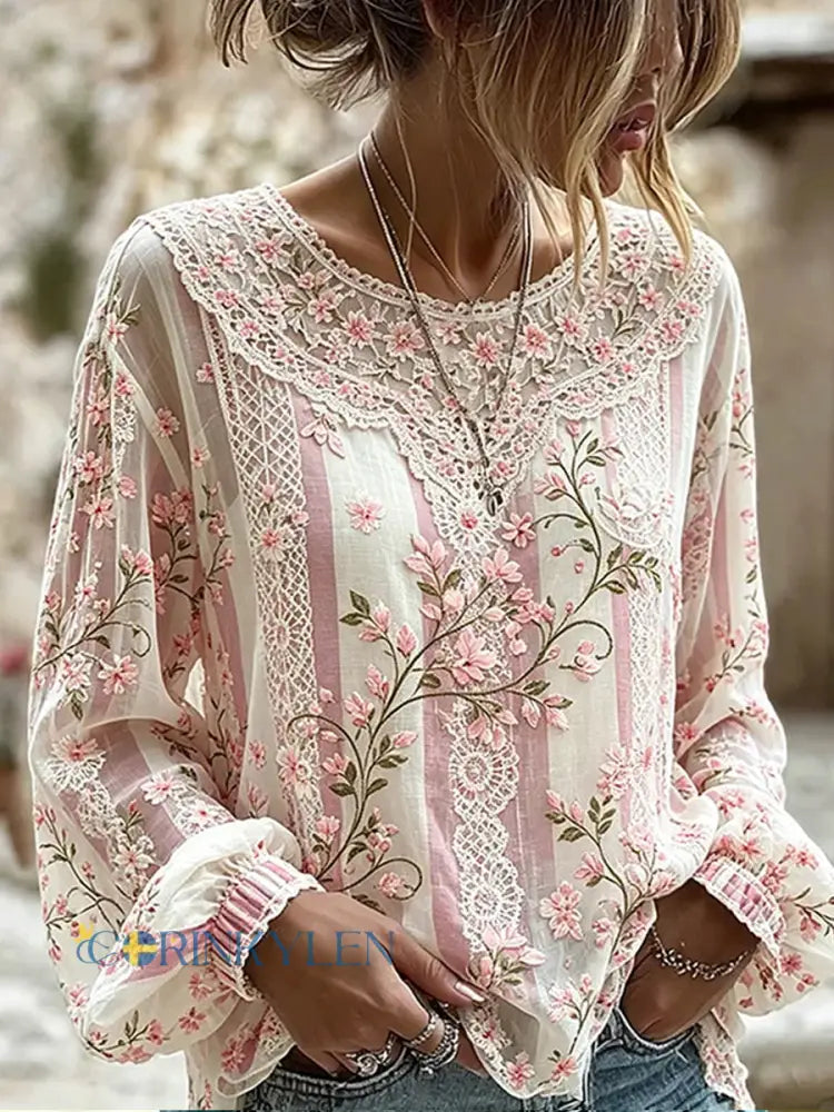 Dams vintage blommig konsttryckt casual topp i bomull-linne - A / S