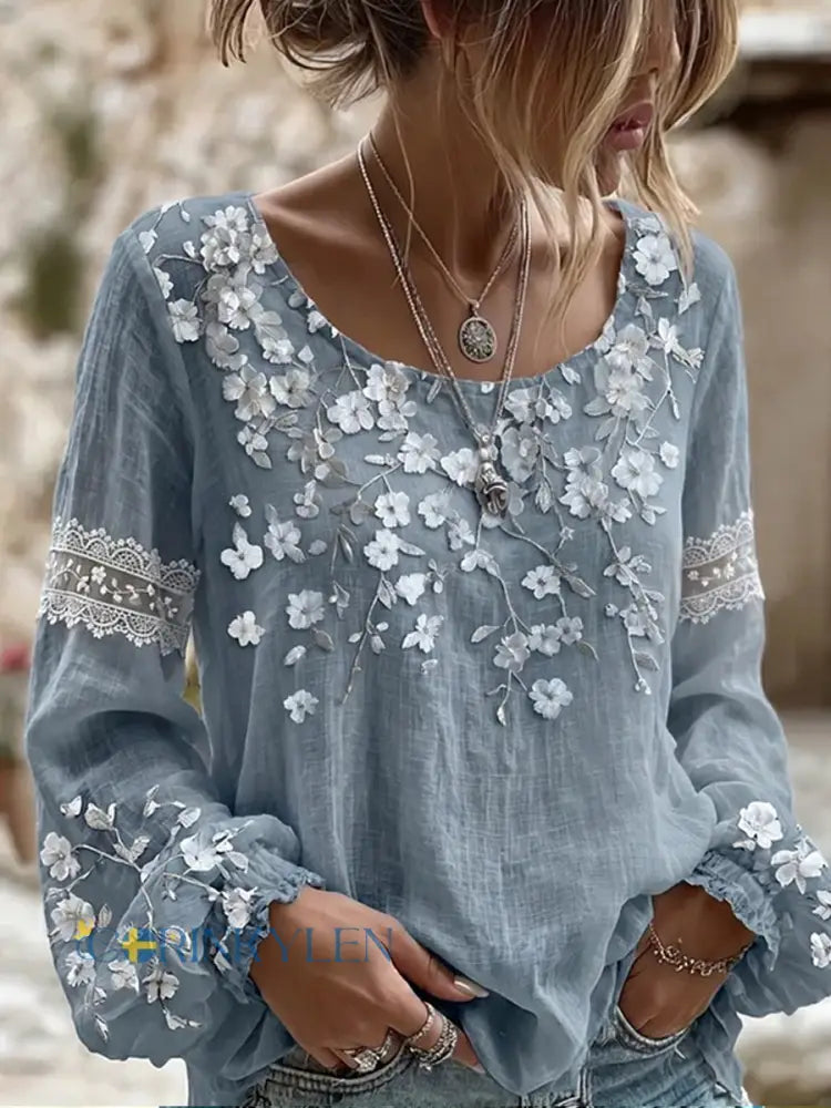 Dams vintage blommig konsttryckt casual topp i bomull-linne - A / S