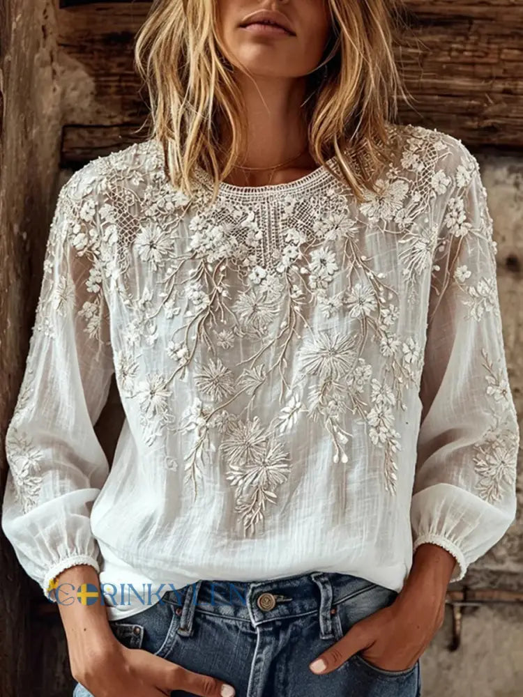 Dams vintage blommig konsttryckt casual topp i bomull-linne - A / S