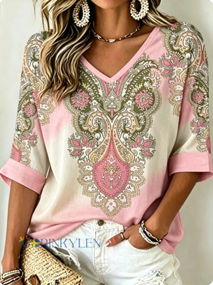Dams vintage bohemisk broderad blommig topp i bomull-linne med v-ringning - runk / S