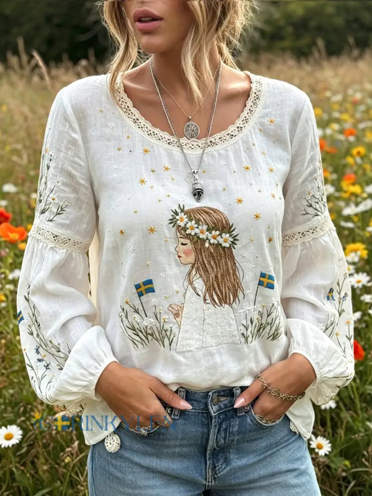 Dams Vintage Midsommar Blommigt Konsttryck Avslappnad Topp i Bomull-Linntyg - A / S