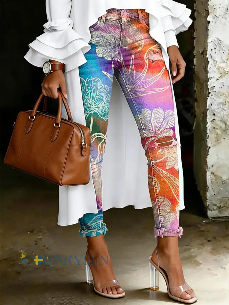 Damsjeans med artistisk blommönster - flerlog / S