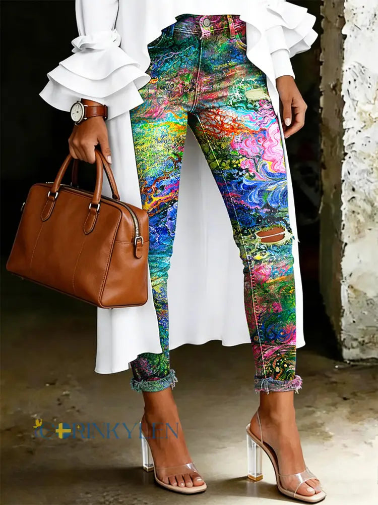 Damsjeans med artistisk blommönster - flerlog / S