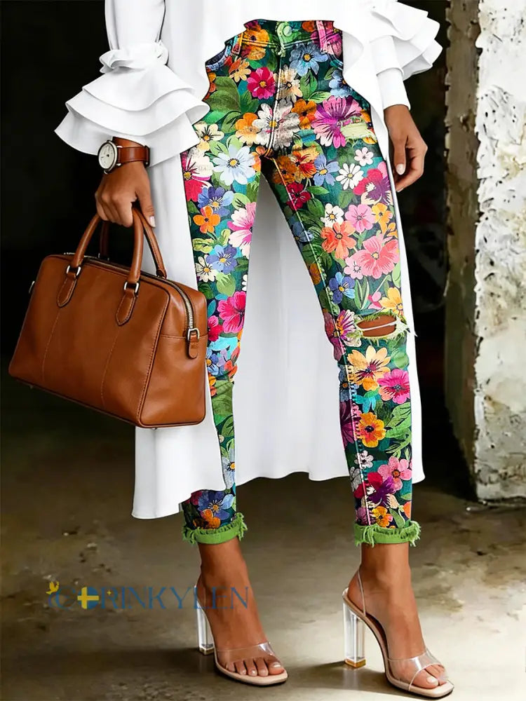 Damsjeans med artistisk blommönster - flerlog / S