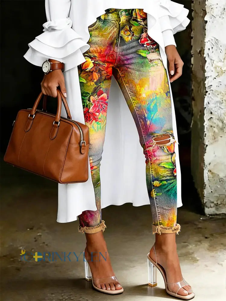Damsjeans med artistisk blommönster - gul / S