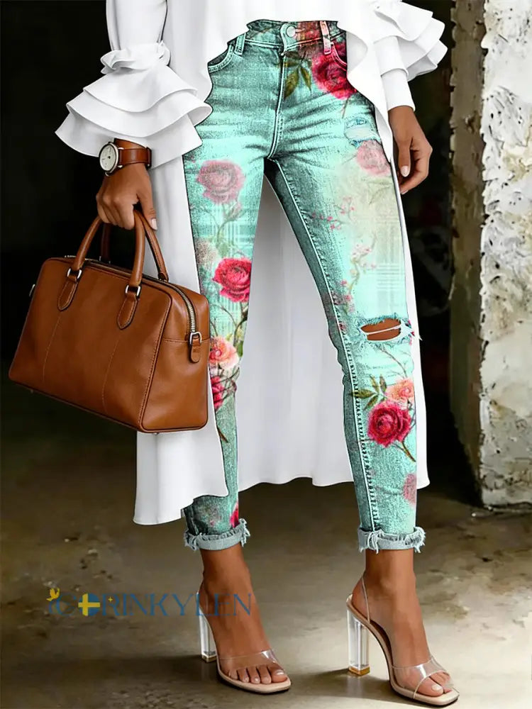 Damsjeans med artistisk blommönster - ljusgrön / S