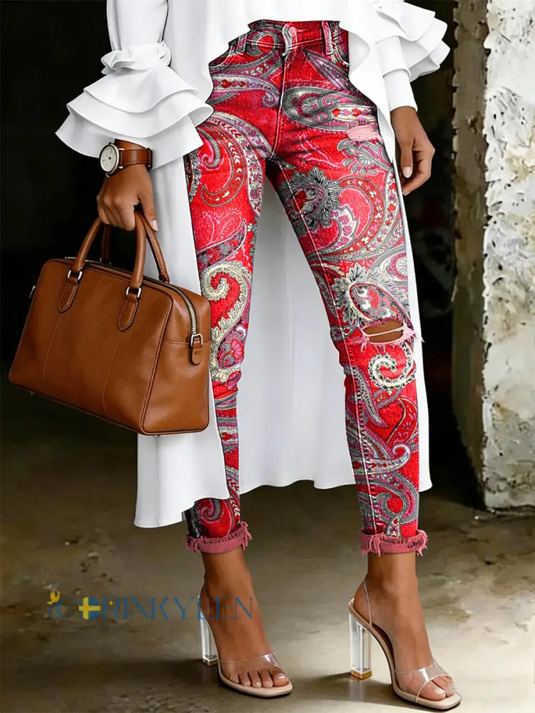 Damsjeans med artistisk blommönster - röd / S