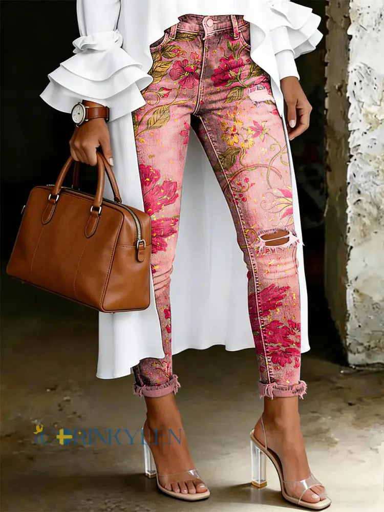 Damsjeans med artistisk blommönster - runk / S