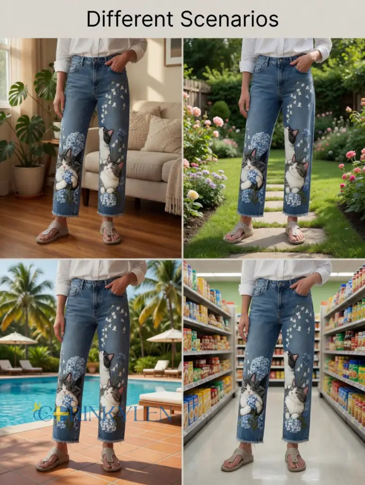 Damsjeans med djurmotivkonstprint