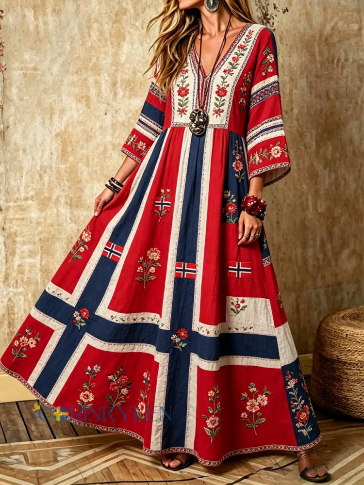 Damskjorta i nordisk skandinavisk stil med blommönster och V-ringning samt fickor - som bild / S