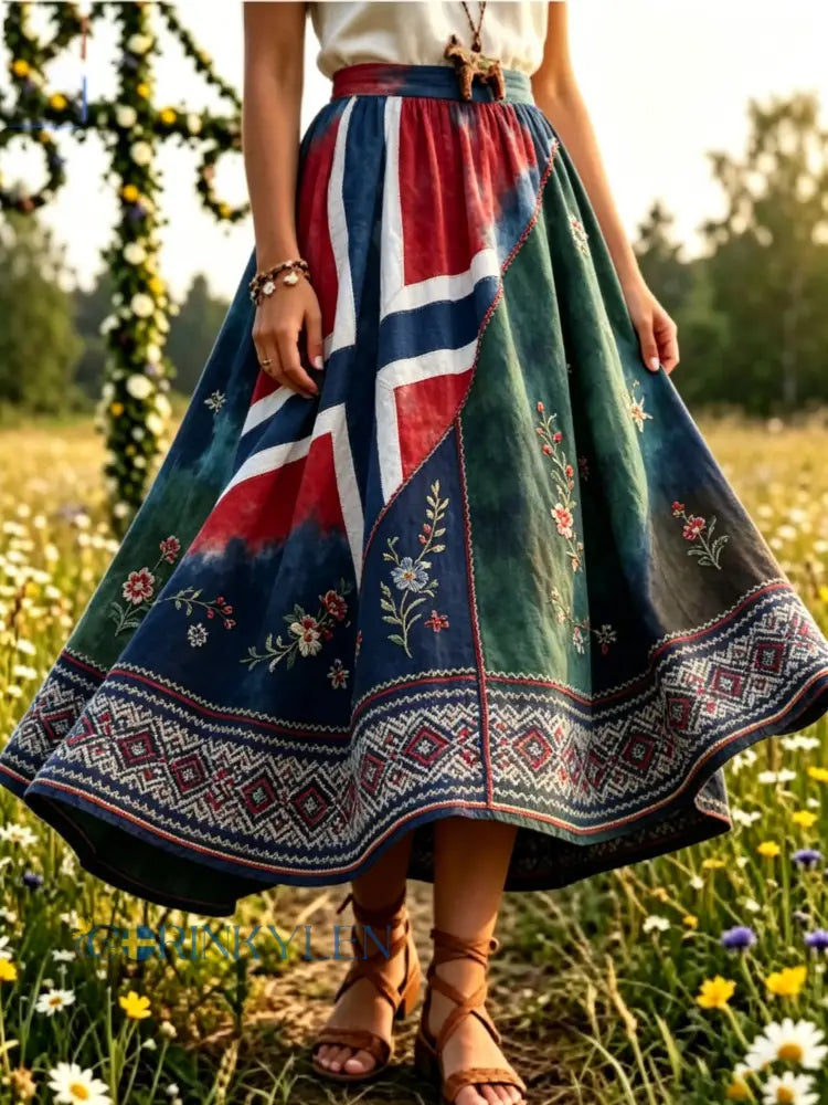 Damskjorta i norsk vikingstil med skandinavisk inspirerad konstprint midikjol - A / S