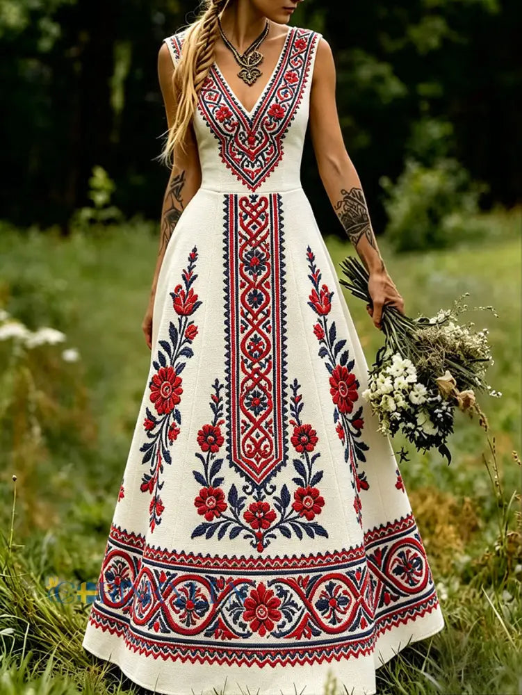 Damskjorta i skandinavisk stil med nordisk blomster- och vikingamotiv - vitt / S