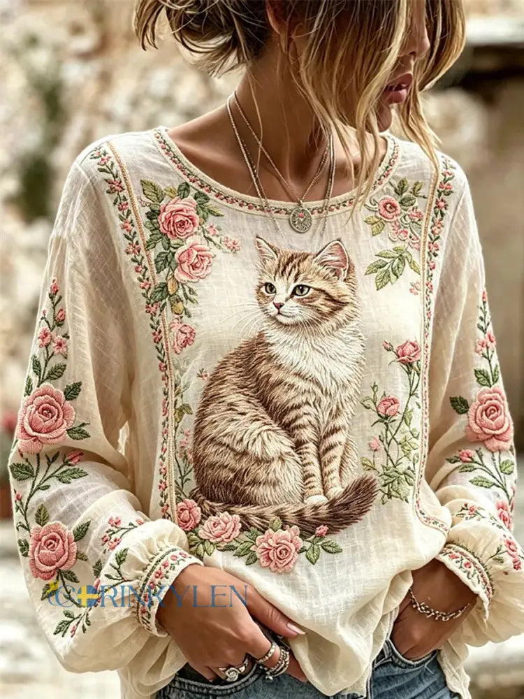 Damskjorta med kattbrodyr och print - som bild / S