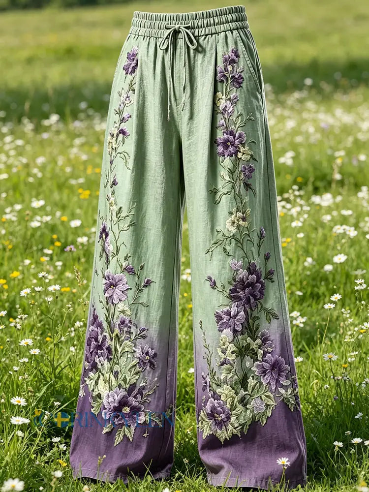 Damslipsbyxor med blommotiv och dragsko - grönt / S