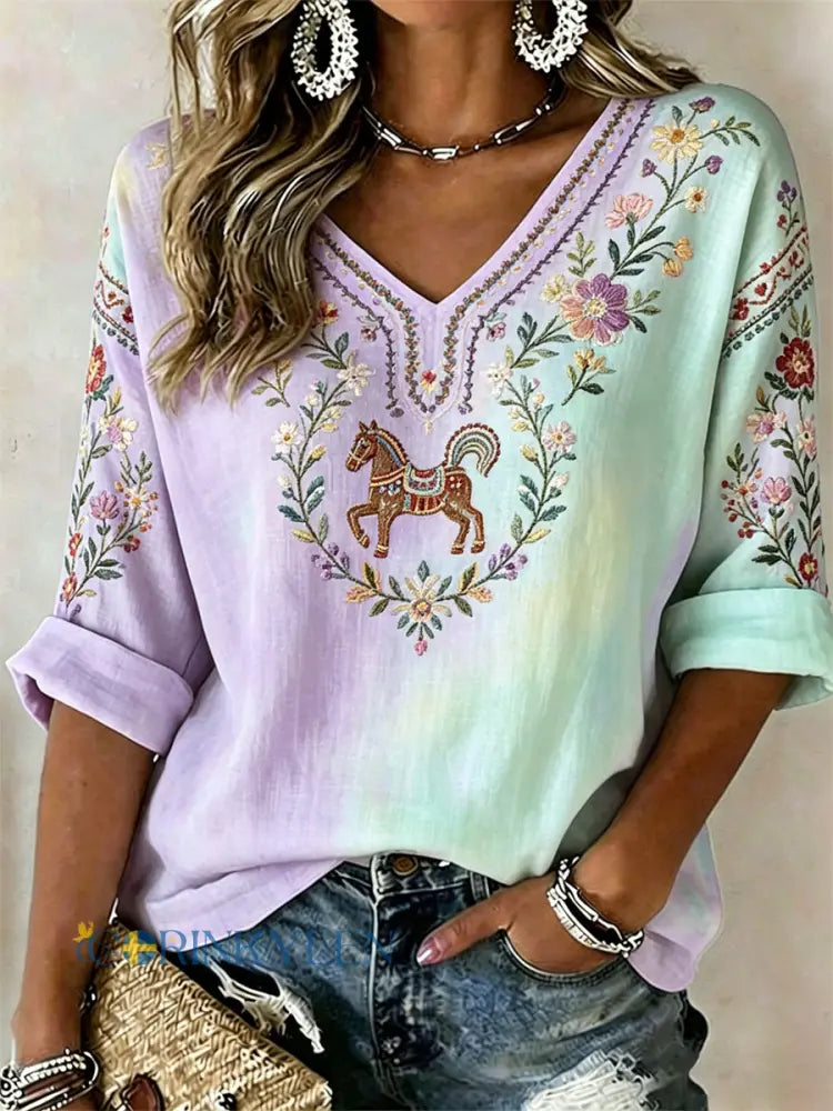 Damsommarblomsterprint avslappnad t-shirt - som bild / S